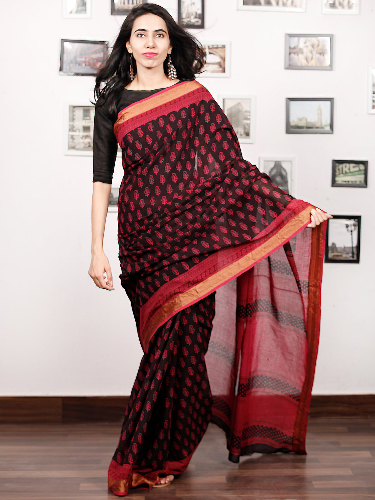 Black Pink Bagh Printed Maheshwari Cotton Saree - S031703325