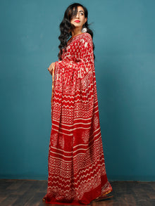Red White Hand Block Printed & Hand Brushed Chiffon Saree with Zari Border - S031702793