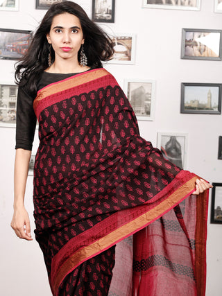 Black Pink Bagh Printed Maheshwari Cotton Saree - S031703325