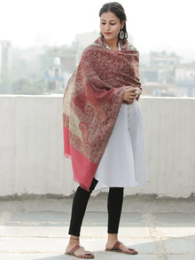 Beige Rosewood Pink Jamawar Aari Embroidered Woollen Kashmiri Stole - S200577