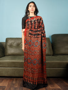 Black Red Indigo Ajrakh Hand Block Printed Modal Silk Saree in Natural Colors - S031703366