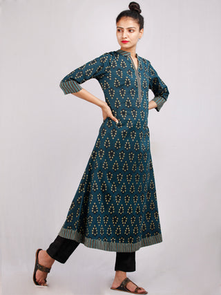 Hunter Green Black Yellow Hand Block Printed Cotton Kurta - K191F1882