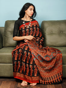 Black Red Indigo Ajrakh Hand Block Printed Modal Silk Saree in Natural Colors - S031703366