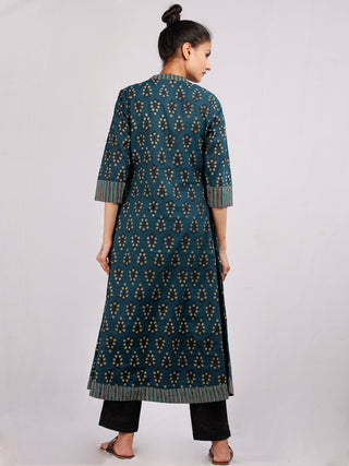 Hunter Green Black Yellow Hand Block Printed Cotton Kurta - K191F1882