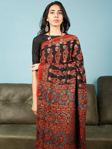 Black Red Indigo Ajrakh Hand Block Printed Modal Silk Saree in Natural Colors - S031703366