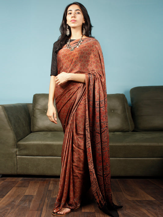 Rust Indigo Black Ajrakh Hand Block Printed Modal Silk Saree in Natural Colors - S031703367