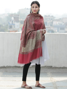 Beige Rosewood Pink Jamawar Aari Embroidered Woollen Kashmiri Stole - S200574