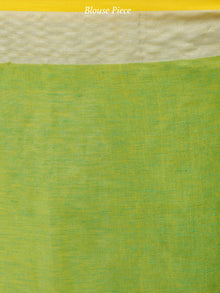 Parrot Green Yellow Silver Handwoven Linen Saree With Zari Border & Tassels - S031703759