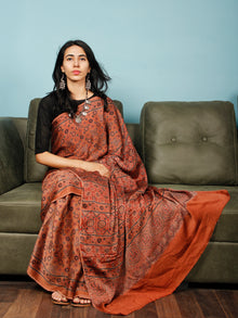 Rust Indigo Black Ajrakh Hand Block Printed Modal Silk Saree in Natural Colors - S031703368