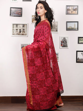 Pink Rust Black Bagh Printed Maheshwari Cotton Saree - S031703327