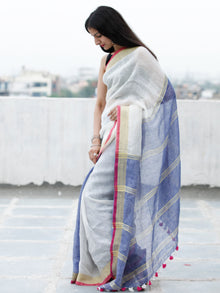 Off White Blue Handwoven Linen Saree With Zari Border & Tassels - S031703760