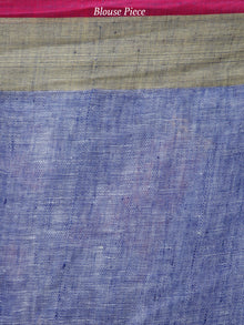 Off White Blue Handwoven Linen Saree With Zari Border & Tassels - S031703760