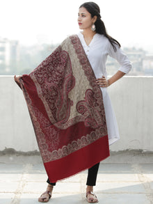 Beige Maroon Jamawar Aari Embroidered Woollen Kashmiri Stole - S200581