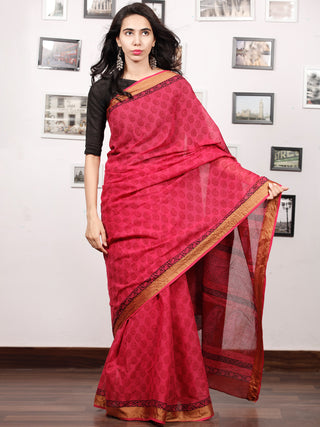 Pink Rust Black Bagh Printed Maheshwari Cotton Saree - S031703328