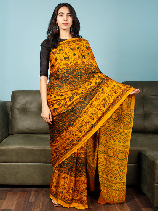 Yellow Green Rust Ajrakh Hand Block Printed Modal Silk Saree in Natural Colors - S031703369
