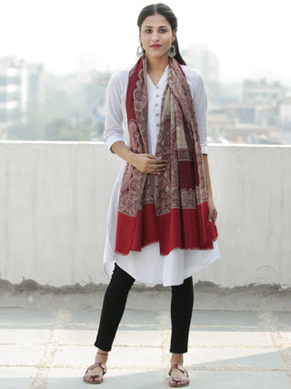Beige Maroon Jamawar Aari Embroidered Woollen Kashmiri Stole - S200581