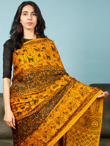 Yellow Green Rust Ajrakh Hand Block Printed Modal Silk Saree in Natural Colors - S031703369