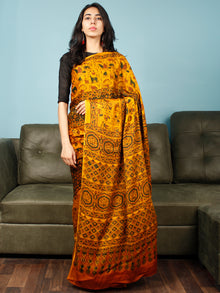 Yellow Green Rust Ajrakh Hand Block Printed Modal Silk Saree in Natural Colors - S031703369