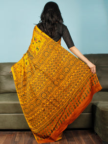 Yellow Green Rust Ajrakh Hand Block Printed Modal Silk Saree in Natural Colors - S031703369