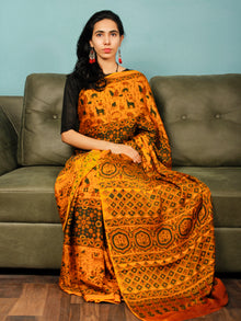 Yellow Green Rust Ajrakh Hand Block Printed Modal Silk Saree in Natural Colors - S031703369