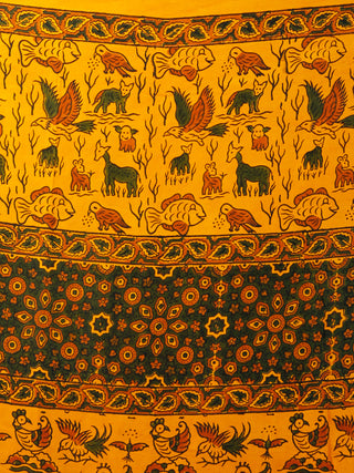Yellow Green Rust Ajrakh Hand Block Printed Modal Silk Saree in Natural Colors - S031703369