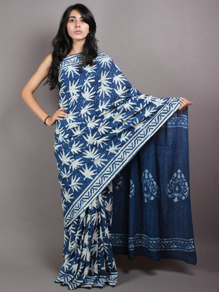 Indigo White Hand Block Printed in Natural Colors Cotton Mul Saree - S03170426