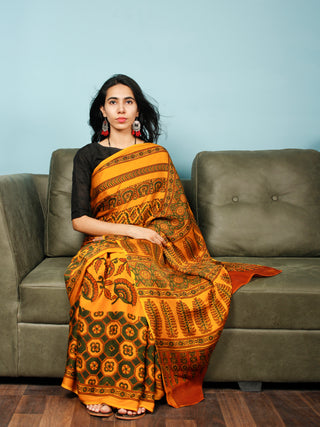 Yellow Green Rust Ajrakh Hand Block Printed Modal Silk Saree in Natural Colors - S031703371