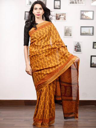 Yellow Orange Maroon Black Bagh Printed Maheshwari Cotton Saree - S031703329