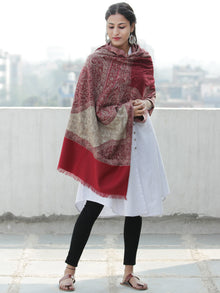 Beige Maroon Jamawar Aari Embroidered Woollen Kashmiri Stole - S200576