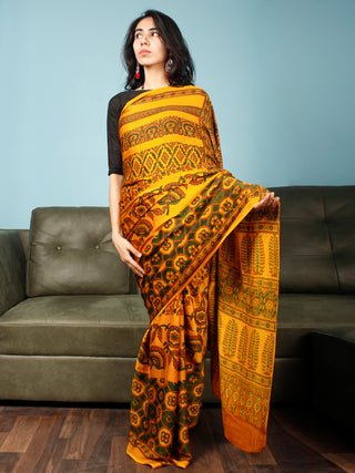 Yellow Green Rust Ajrakh Hand Block Printed Modal Silk Saree in Natural Colors - S031703371