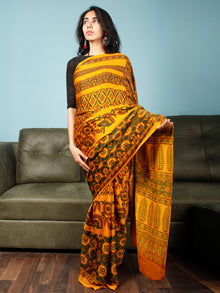 Yellow Green Rust Ajrakh Hand Block Printed Modal Silk Saree in Natural Colors - S031703371