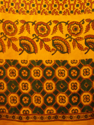 Yellow Green Rust Ajrakh Hand Block Printed Modal Silk Saree in Natural Colors - S031703371