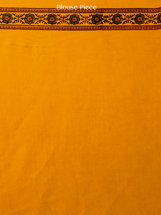 Yellow Green Rust Ajrakh Hand Block Printed Modal Silk Saree in Natural Colors - S031703371