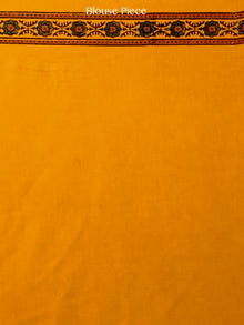 Yellow Green Rust Ajrakh Hand Block Printed Modal Silk Saree in Natural Colors - S031703371