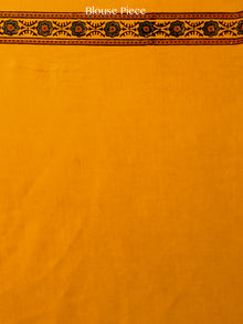 Yellow Green Rust Ajrakh Hand Block Printed Modal Silk Saree in Natural Colors - S031703371