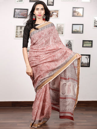 Off White Maroon Black Bagh Printed Maheshwari Cotton Saree - S031703330