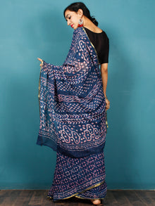 Indigo Lavender Hand Block Printed Chiffon Saree with Zari Border - S031702798