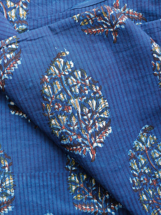 Indigo Mustard Rust Hand Block Printed Cotton Fabric Per Meter - F001F1835
