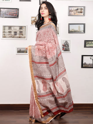 Off White Maroon Black Bagh Printed Maheshwari Cotton Saree - S031703330