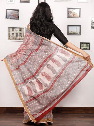 Off White Maroon Black Bagh Printed Maheshwari Cotton Saree - S031703330