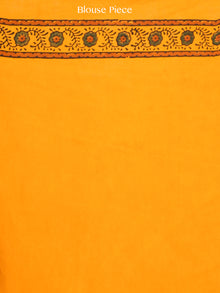 Yellow Green Rust Ajrakh Hand Block Printed Modal Silk Saree in Natural Colors - S031703370