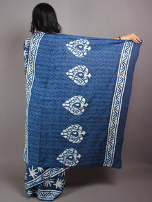 Indigo White Hand Block Printed in Natural Colors Cotton Mul Saree - S03170426