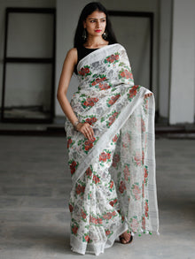 White Green Red Grey Printed Handwoven Linen Saree With Zari Border & Tassels - S031703764
