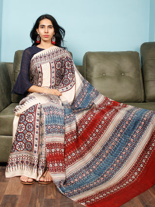 Ivory Indigo Red Ajrakh Hand Block Printed Modal Silk Saree in Natural Colors - S031703372