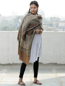 Beige Brown Jamawar Aari Embroidered Woollen Kashmiri Stole - S200586
