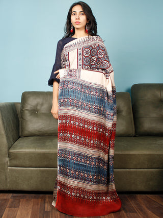 Ivory Indigo Red Ajrakh Hand Block Printed Modal Silk Saree in Natural Colors - S031703372