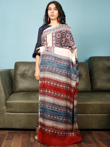 Ivory Indigo Red Ajrakh Hand Block Printed Modal Silk Saree in Natural Colors - S031703372