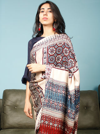 Ivory Indigo Red Ajrakh Hand Block Printed Modal Silk Saree in Natural Colors - S031703372