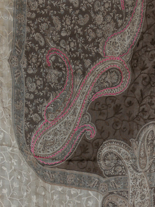 Beige Brown Jamawar Aari Embroidered Woollen Kashmiri Stole - S200586