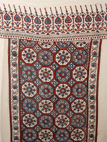 Ivory Indigo Red Ajrakh Hand Block Printed Modal Silk Saree in Natural Colors - S031703372